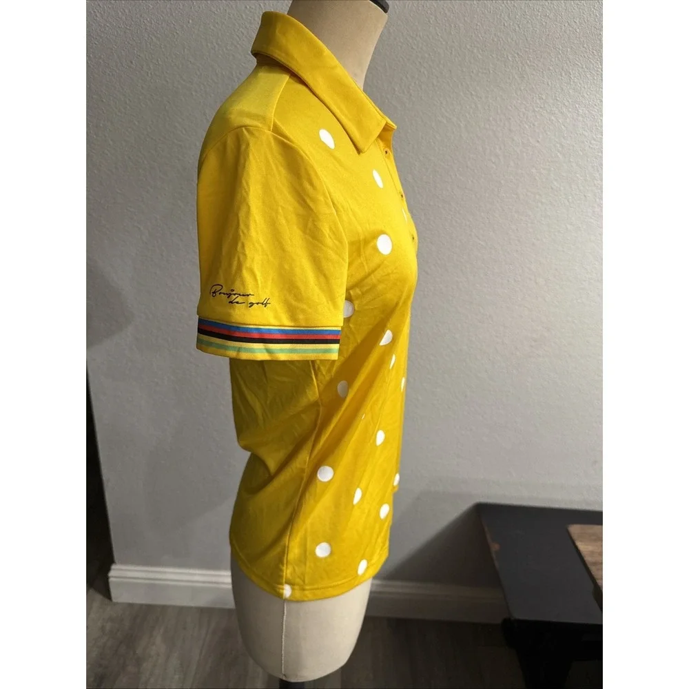 Adidas Golf Shirt Womens Yellow Polka Dot Rainbow Trim Polo CV8771 Rare Sz Small